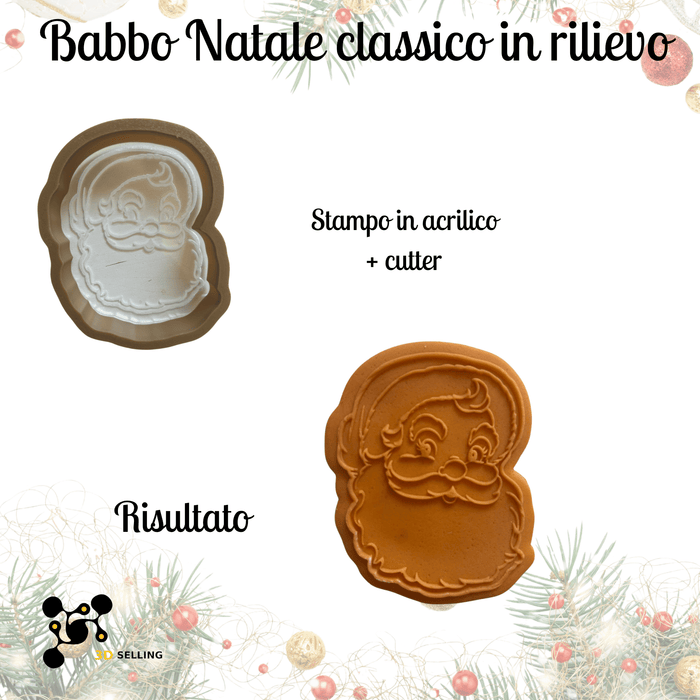 Selling 3D Casa, arredamento e bricolage:Articoli per cucina e bar:Accessori per pasticceria:Altro accessori per pasticceria Stampo in Acrilico + Cutter “Babbo Natale Classico in Rilievo” – Stampo Natalizio per Biscotti
