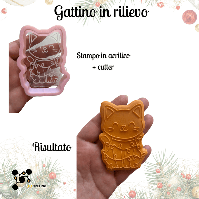 Selling 3D Casa, arredamento e bricolage:Articoli per cucina e bar:Accessori per pasticceria:Altro accessori per pasticceria Stampo in Acrilico + Cutter “Gattino in Rilievo” – Stampo Natalizio per Biscotti