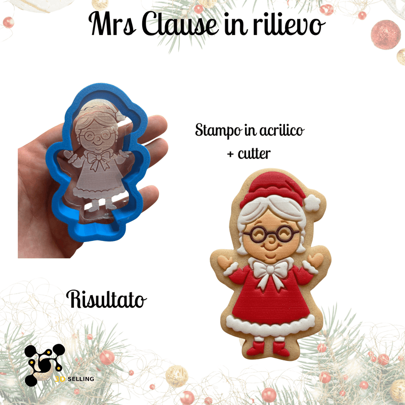 Selling 3D Casa, arredamento e bricolage:Articoli per cucina e bar:Accessori per pasticceria:Altro accessori per pasticceria Stampo in Acrilico + Cutter “Mrs Claus in Rilievo” – Stampo Natalizio per Biscotti