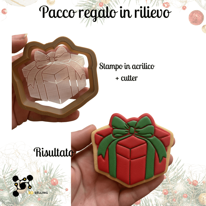 Selling 3D Casa, arredamento e bricolage:Articoli per cucina e bar:Accessori per pasticceria:Altro accessori per pasticceria Stampo in Acrilico + Cutter “Pacco Regalo in Rilievo” – Stampo Natalizio per Biscotti
