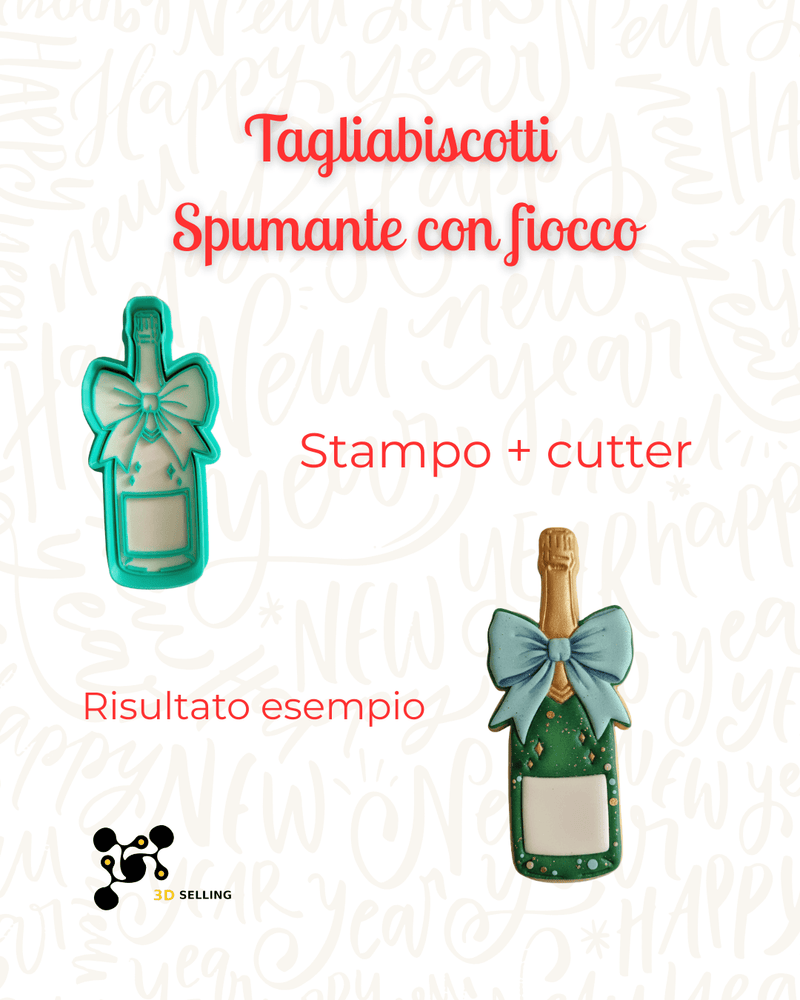 Selling 3d Casa, arredamento e bricolage:Articoli per cucina e bar:Accessori per pasticceria:Altro accessori per pasticceria Tagliabiscotti Spumante con Fiocco – Stampo a Incisione + Cutter