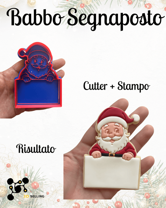SELLING3D Casa, arredamento e bricolage:Articoli per cucina e bar:Accessori per pasticceria:Altro accessori per pasticceria Babbo Natale Segnaposto 9 cm – Cutter + Stampo ad Incisione