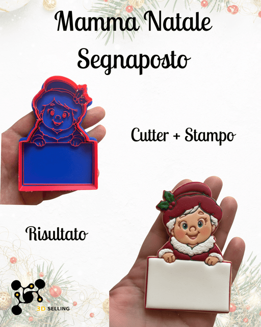 SELLING3D Casa, arredamento e bricolage:Articoli per cucina e bar:Accessori per pasticceria:Altro accessori per pasticceria Mamma Natale Segnaposto 9 cm – Cutter + Stampo ad Incisione