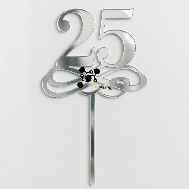 Cake Topper numero 25 Plexiglass Specchiato Argento - 3d Selling